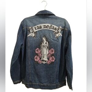 Y2K Virgin Mary Denim Jacket Las Doñas Tattoo Graphic Streetwear Grunge Large